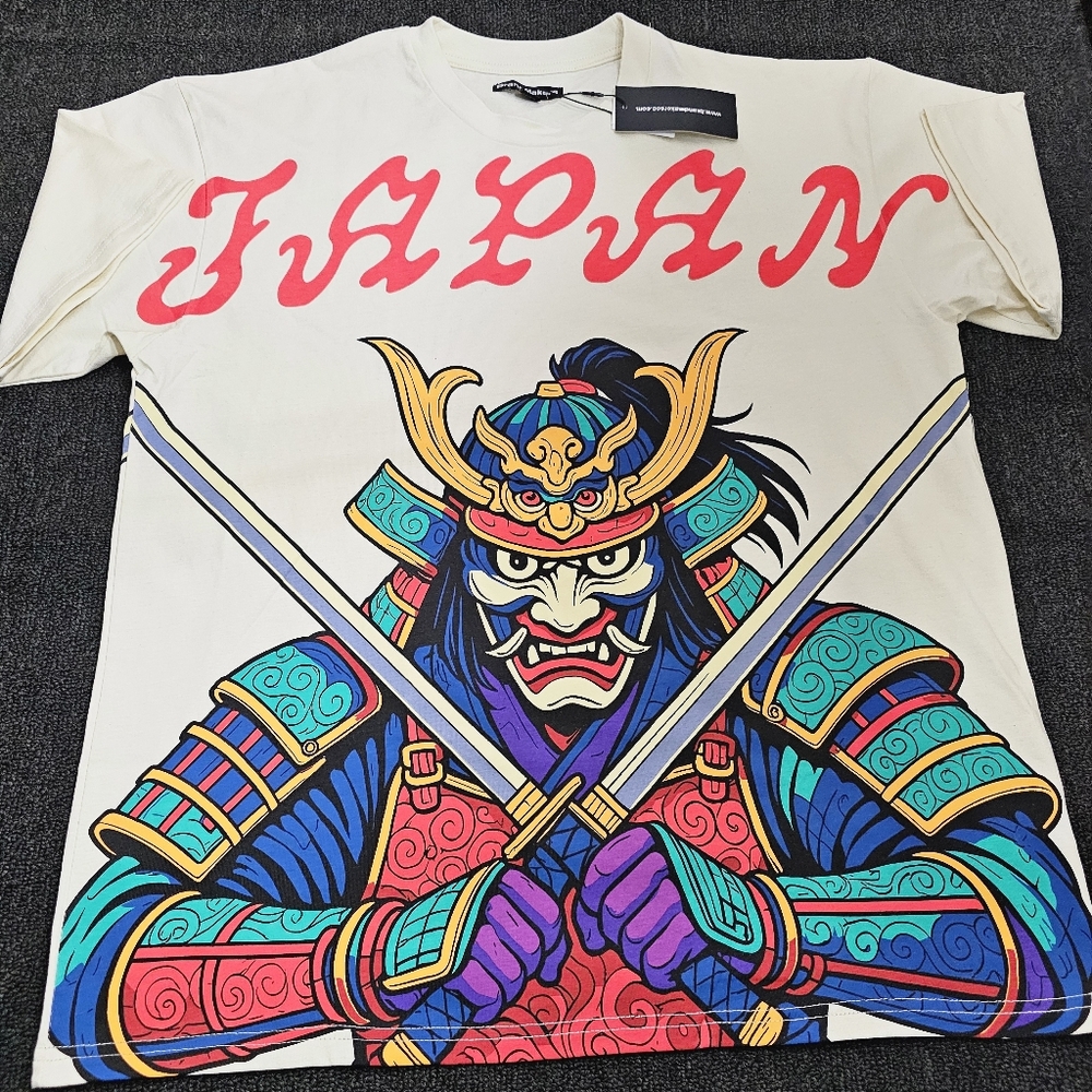 Brand Makers Men's Large JAPAN Samurai Warrior Graphic Heavyweight Cream T-Shirt